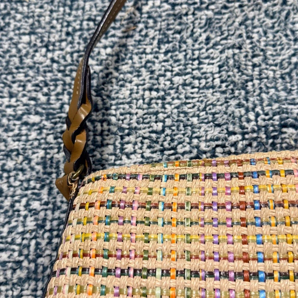 Fossil Multi-Color Woven Straw Leather Trim Shoulder Bag Tan Plaid Handbag